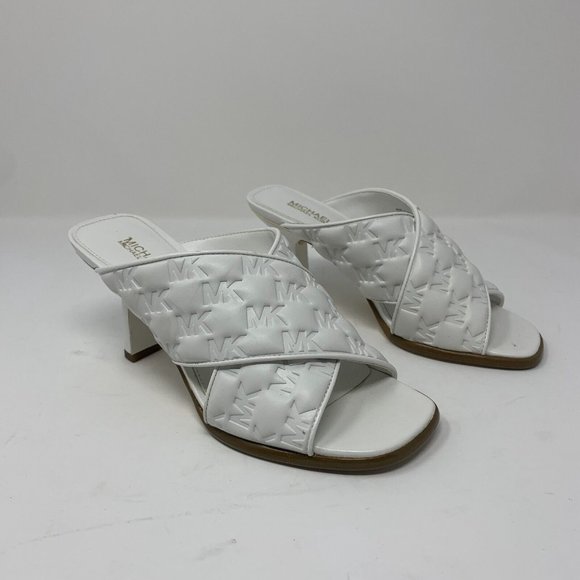 Michael Kors Gideon Mule Sandals Women's 5 M White EMB Faux Leather Heeled S0593 - Picture 1 of 11